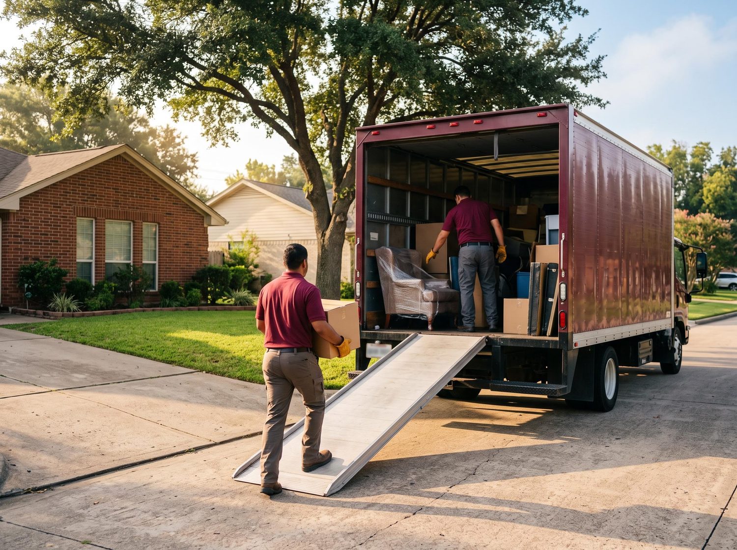 Our crew loading furniture and boxes into the maroon truck at a Bryan–College Station home