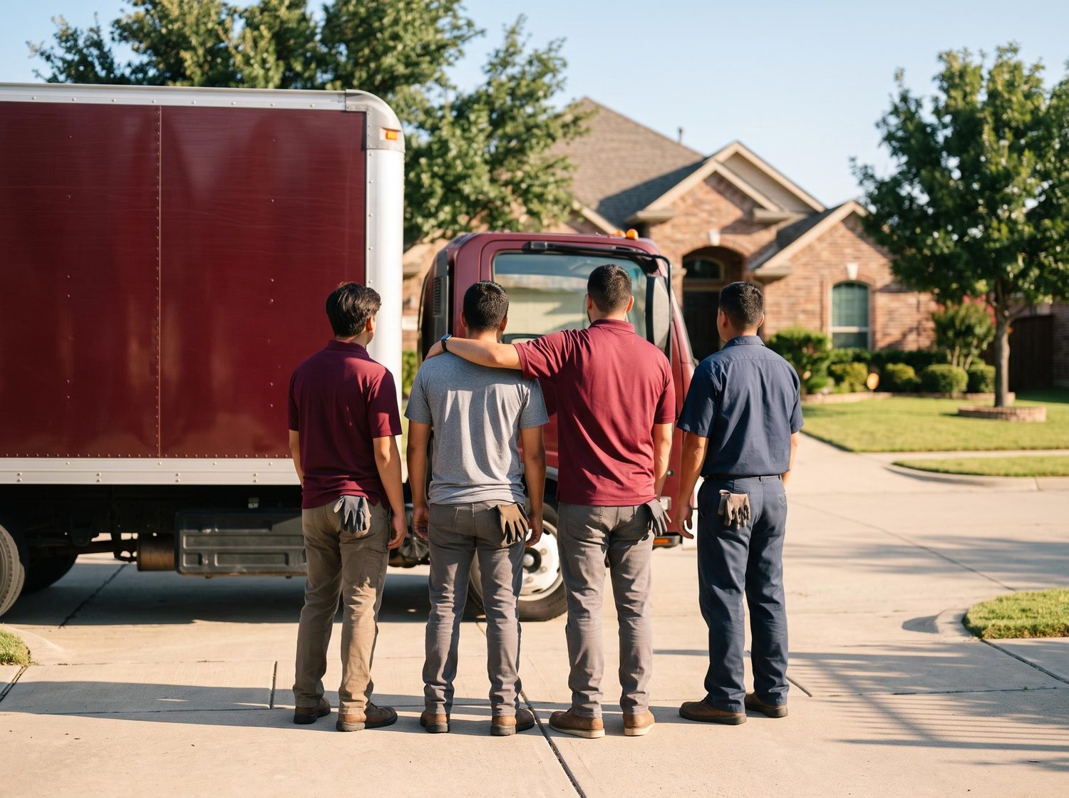 Our family crew standing together in front of their maroon box truck