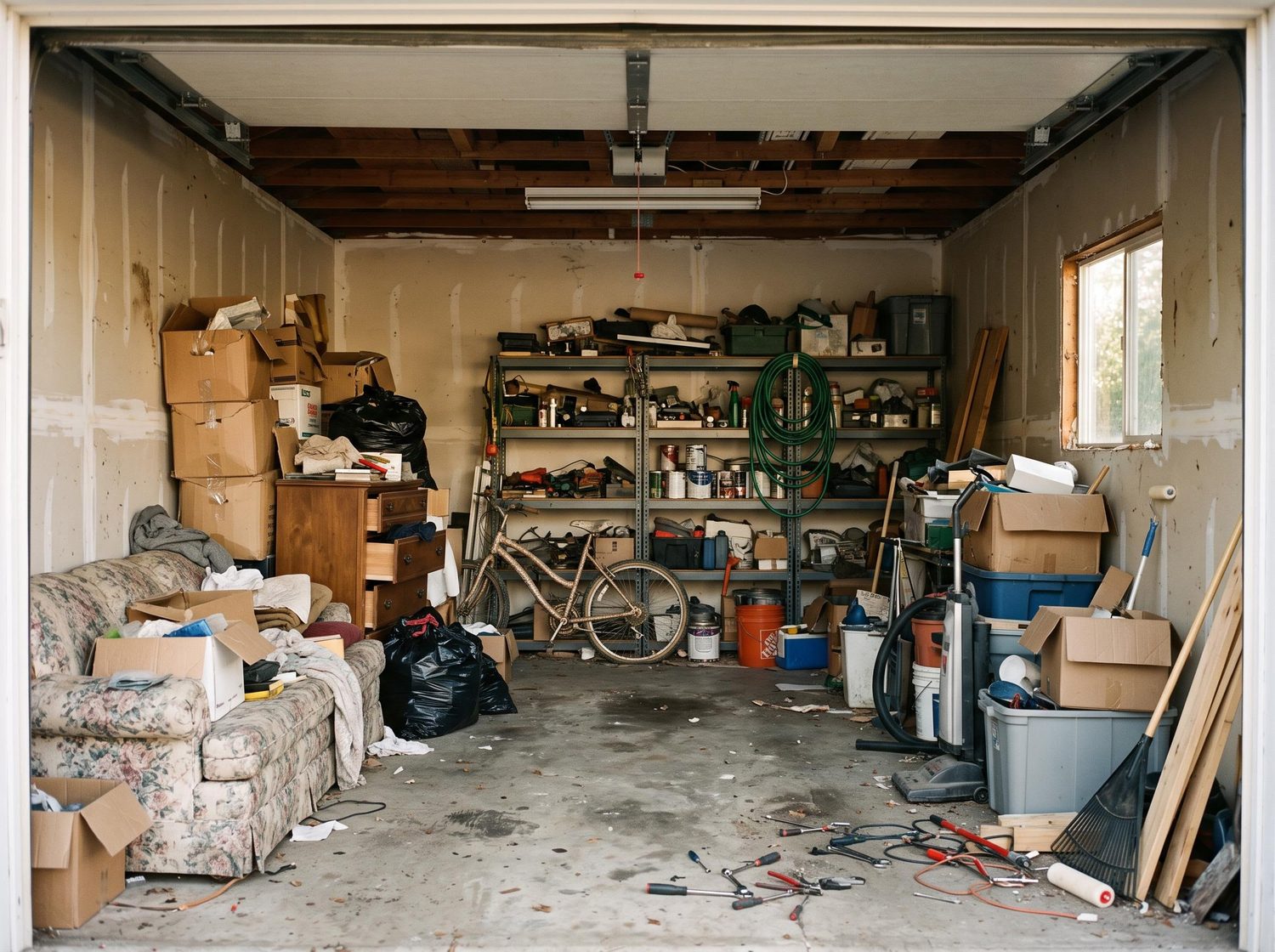 Cluttered garage packed with furniture, boxes and junk before removal